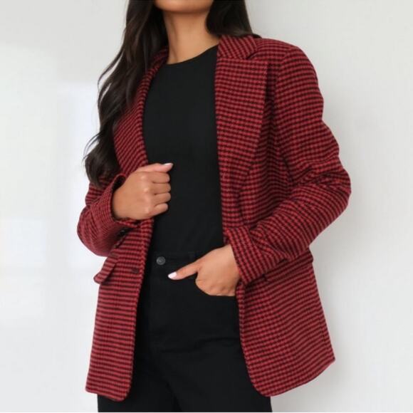 Missguided Houndstooth Boyfriend  Blazer Coat red black Size 2 oversized NWT - Picture 1 of 14